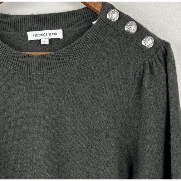 VERONICA BEARD Charcoal Green Cashmere Pullover Sweater Size Large Button Accent - Picture 3 of 11